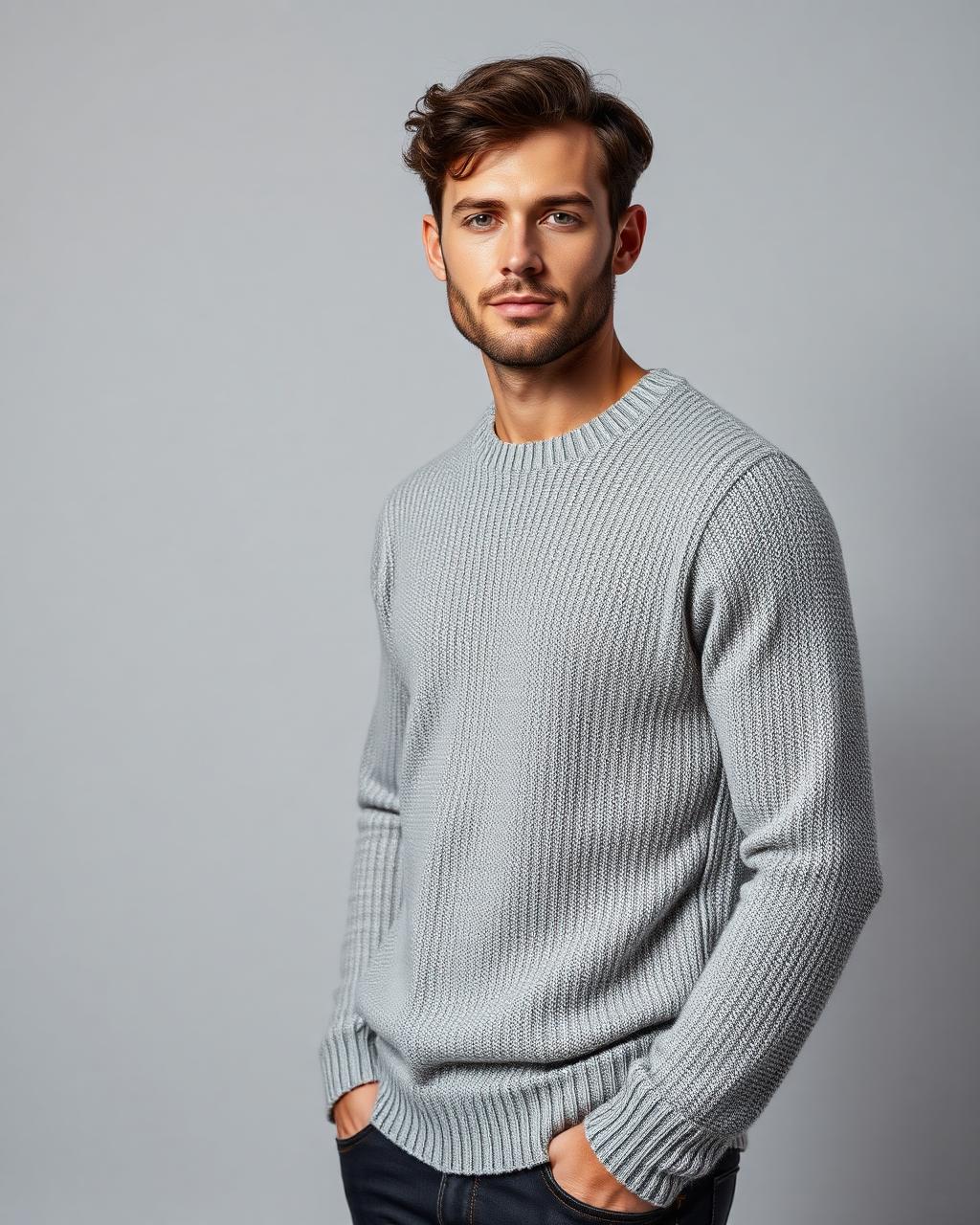 Model photographed from multiple angles in a knit sweater