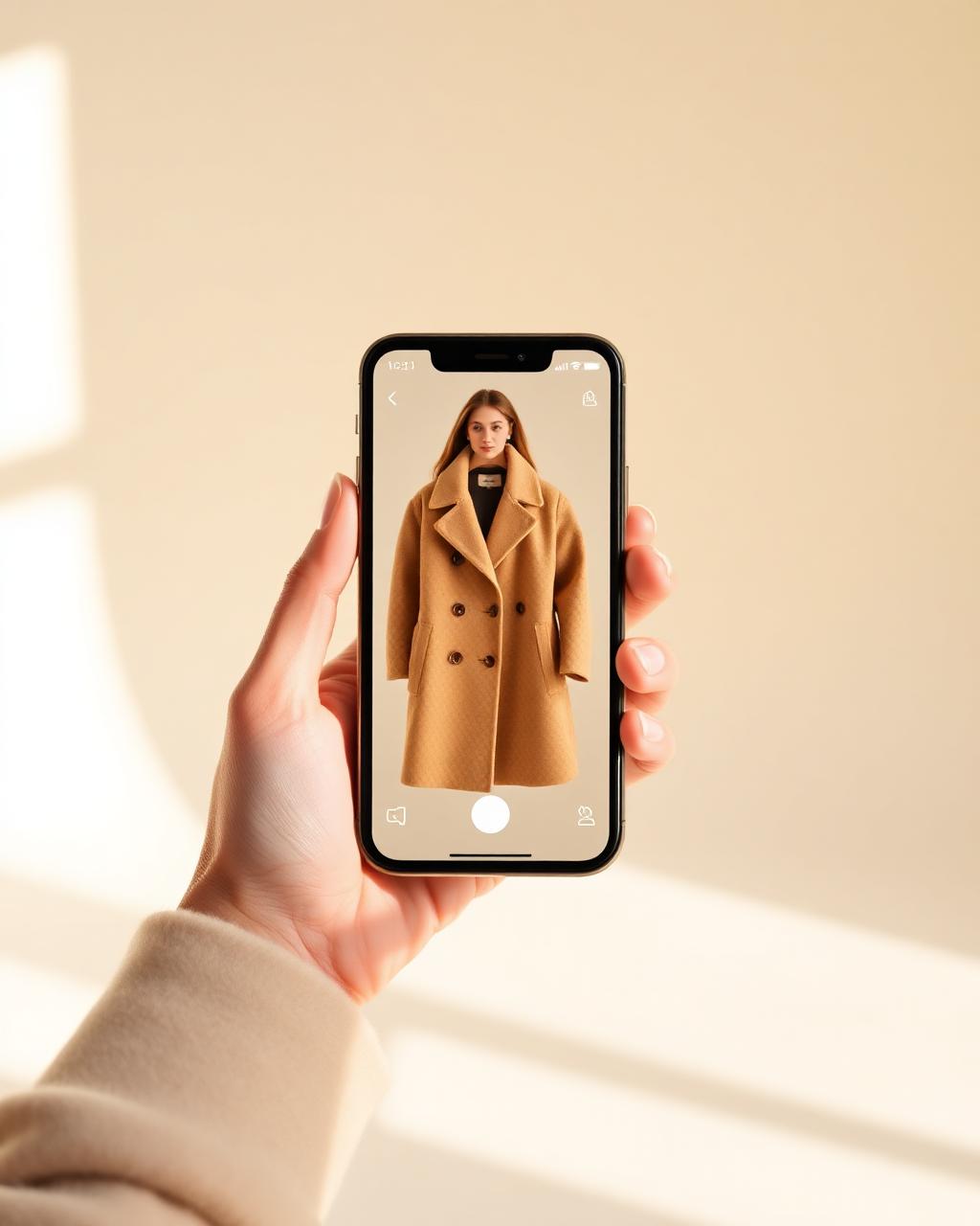 A shopper holding a phone showing a virtual try-on preview of a camel coat