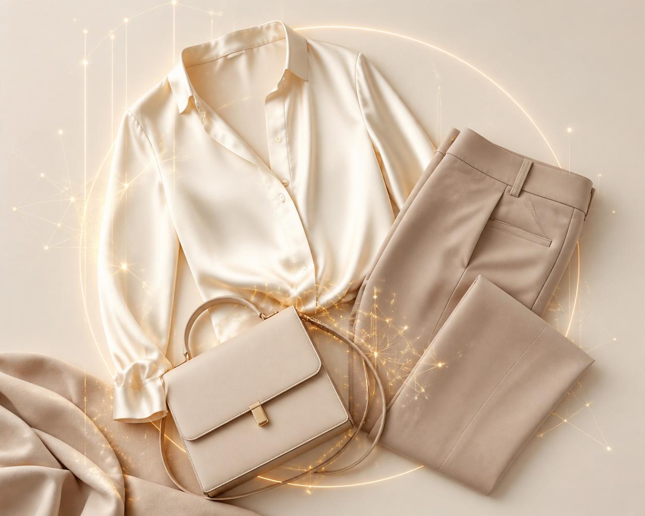 Curated wardrobe flat lay with AI styling glow