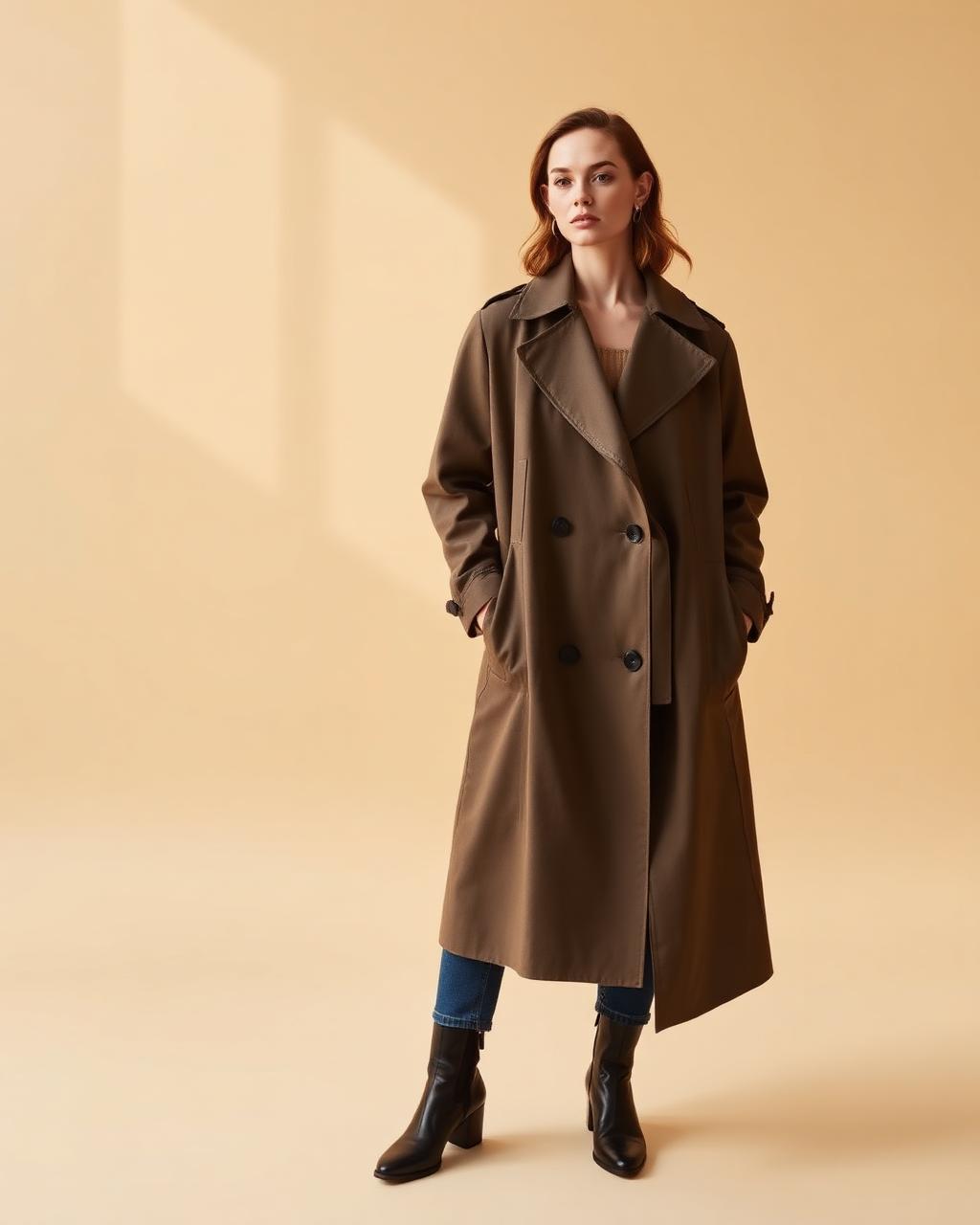 Woman wearing a trench coat on a warm studio backdrop